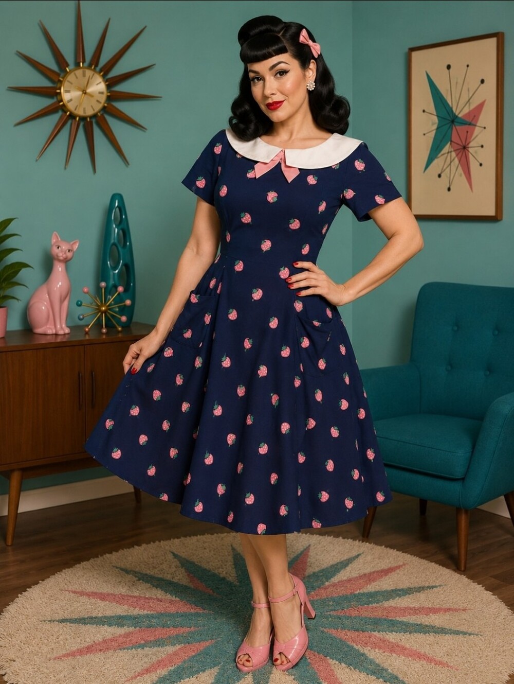 Vintage-Inspired Navy Dress with Pink Bow